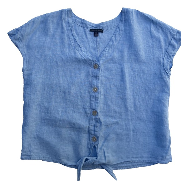 Saks Fifth Avenue Tops - Saks 5th Avenue 100% Linen Top Button Front Short Sleeve Womens Large Light Blue